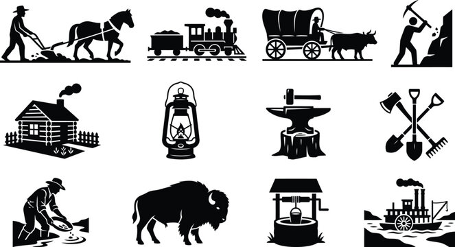 Vintage Western Frontier Icons Representing Pioneer Life and Industry.