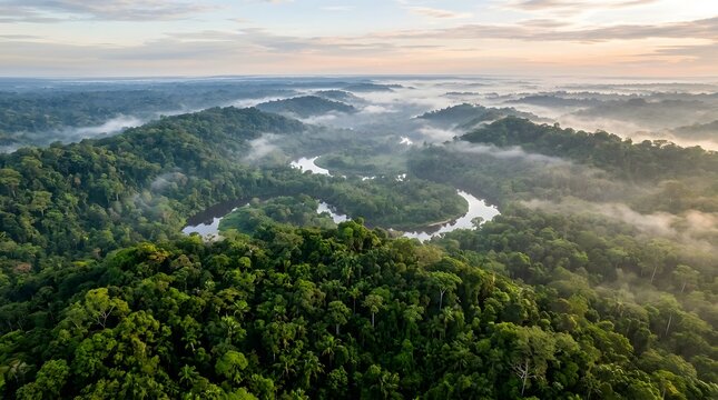 Tropical rainforest canopy in the Amazon viewed from above, endless greenery, morning mist, aerial landscape
