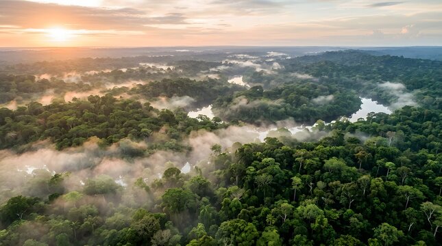 Tropical rainforest canopy in the Amazon viewed from above, endless greenery, morning mist, aerial landscape