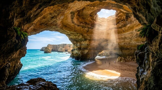 Hidden beach cave in Portugal with sunlight streaming through rock formations, magical coastal landscape
