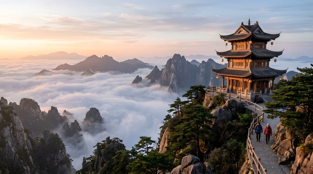 Chinese mountain landscape with traditional pagoda overlooking mist-covered valleys, serene travel photography