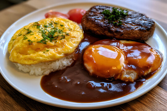 ハンバーグ、オムライス、卵料理のセット