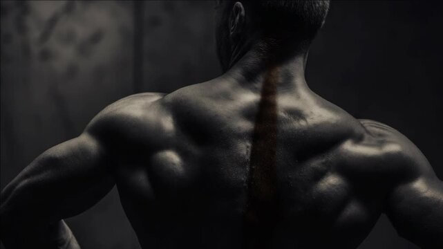 The back of a fit man with pronounced muscles and defined abs.