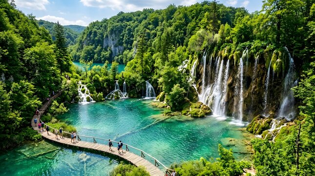 Waterfalls of Plitvice Lakes National Park, Croatia, turquoise waters surrounded by lush forest, natural paradise
