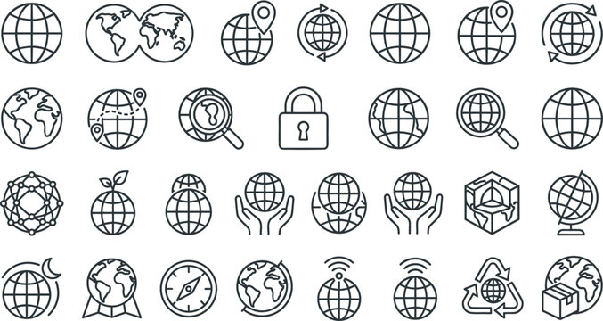 Global planet earth world map geography line icon set for international business travel network environmental logistics vectors