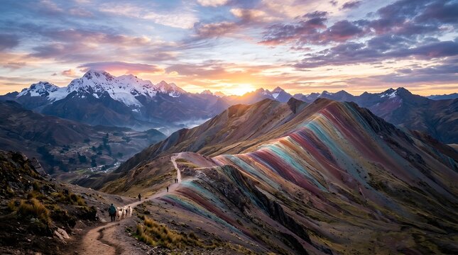 Colorful mountain range in Peru at sunrise, dramatic geological formations, breathtaking travel landscape