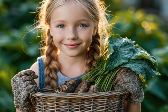 Adorable young girl with braided blonde hair smiles holding a basket of freshly harvested root vegetables and greens.