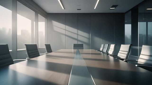 Sunlit Empty Conference Room Overlooks Misty City Skyline Cinematic Footage Moving Toward Strategy and Success Perfect for Corporate Advertising and Business Presentations