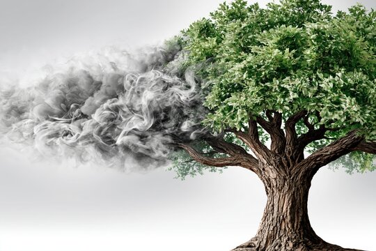 A powerful visual metaphor of a tree transitioning from dark smoke to vibrant green leaves, symbolizing change and renewal.