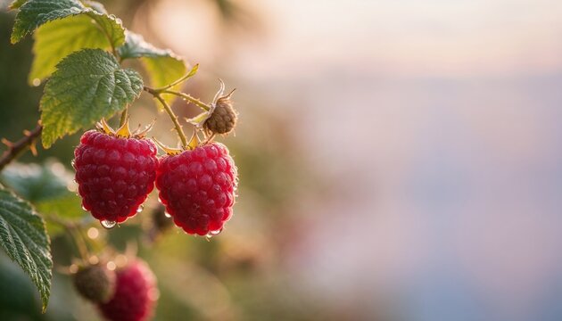 Fresh, ripe raspberries glistening with dew on the branch in the garden during the morning light