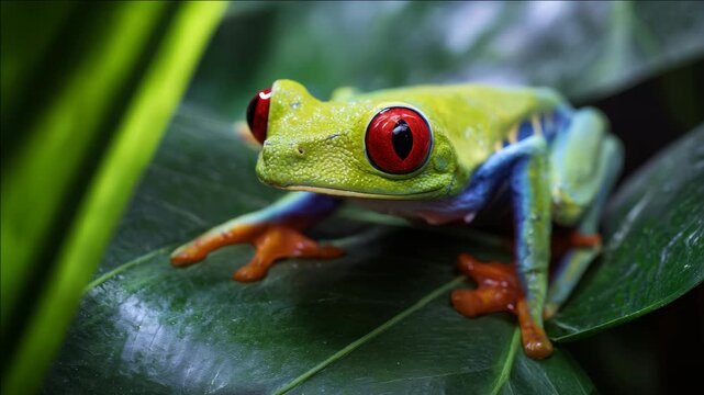 A vivid red-eyed frog perched on a lush green leaf in the wild.
