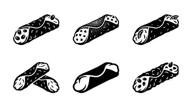 Set of black and white cannoli pastry icons