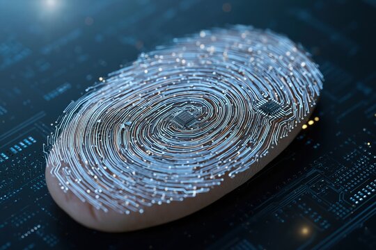 Digital fingerprint with integrated circuit and glowing blue lines on a dark background