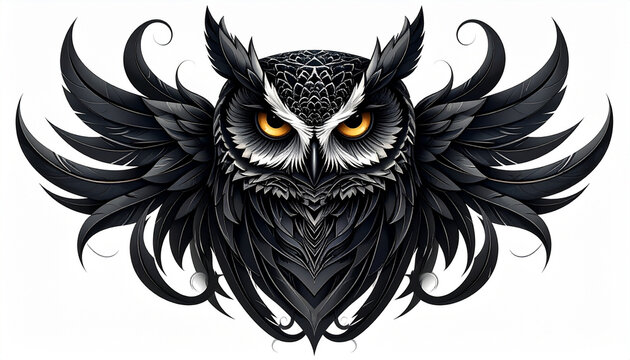 Dramatic black owl illustration with feathered wings and intense yellow eyes