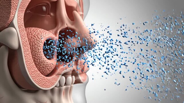 A human head is shown with mouth open, releasing blue particles into the air from the lungs and throat.