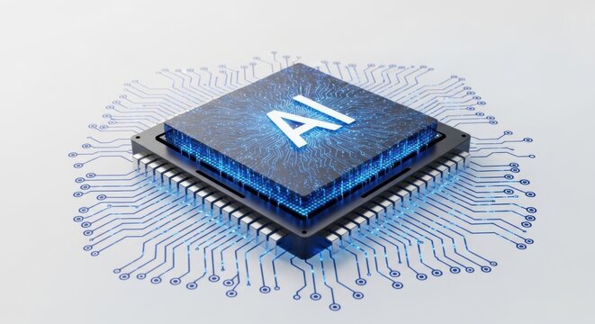 AI microchip with glowing blue circuit board