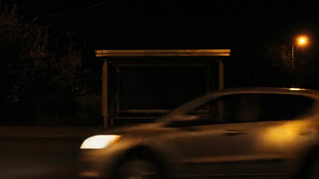Lone bus stop on a dark street at night.