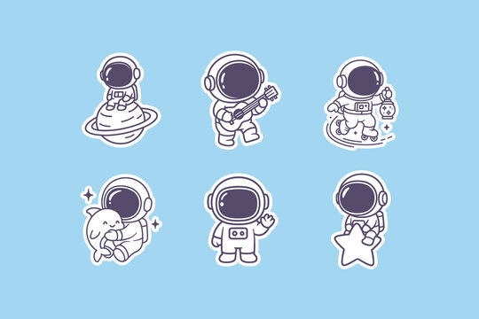 Cute cartoon astronaut stickers featuring various playful activities like playing guitar skating and hugging a dolphin on light blue background