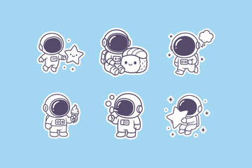 Cute little astronauts performing various fun activities in space depicted as a collection of simple hand drawn vector sticker designs © DzgnVibe