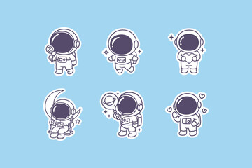 Six adorable little astronauts illustrated in a cute sticker style with simple lines against a solid light blue background color © DzgnVibe