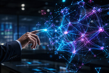Fototapeta premium Artificial Intelligence AI and Machine Learning Concept with Businessman Hand Pointing at Neural Network Digital Data Flow 