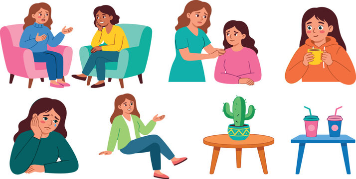 Mental Health Therapy and Emotional Support Vector Clipart Set with Women Discussing Problems, Psychologist Counseling Sad Friend, and Cafe Table Elements