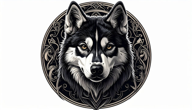Intricate illustration of a wolf portrait with a detailed ornamental circular frame