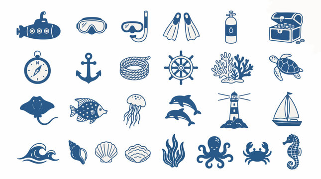 Blue marine and ocean icon set featuring sea animals, scuba diving gear, and nautical elements