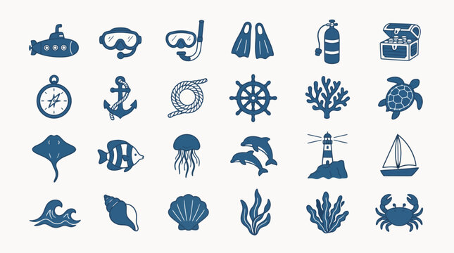 Diverse Aquatic Elements and Diving Equipment Icon Set for Marine and Ocean-Themed Designs