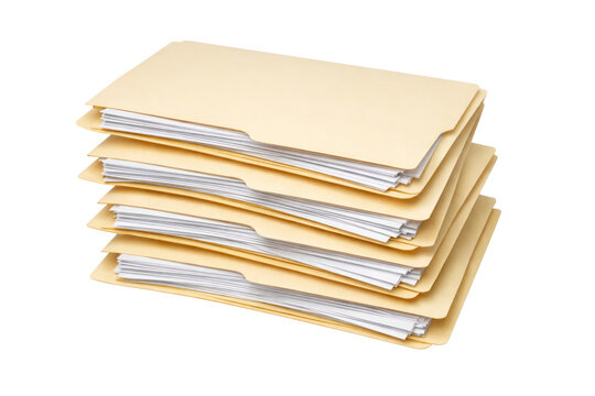 Messy stack of manila file folders with papers, office document storage and filing system concept isolated PNG with Transparent Background