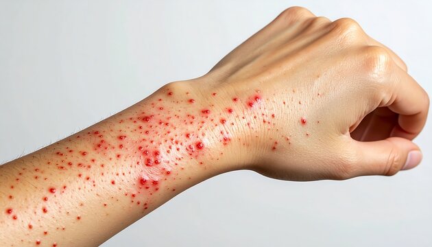 Close-up of Skin Rash on Arm with Red Spots and Irritation.