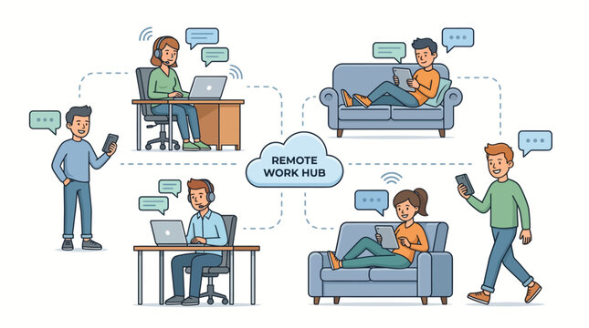 Remote work team collaborating online.