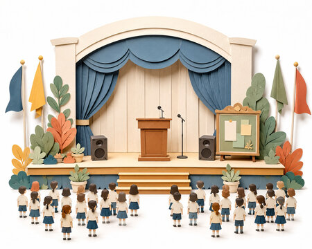 School auditorium assembly hall stage with speaker podium and students cartoon illustration