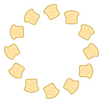 Toast bread circle border. Toast silce round border. Sliced bread hand drawn frame. Bakery themed circle wreath