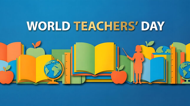 Happy World Teachers Day Vector Banner with Education Icons Books Pencil Apple Blackboard for School Celebration Design