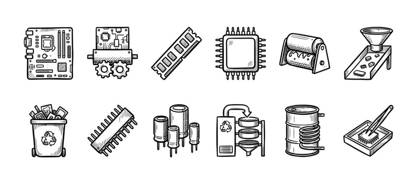 Hand-drawn electronic waste recycling icon set showing computer parts like motherboards and CPUs with processing machinery for material recovery in a detailed black and white sketch style