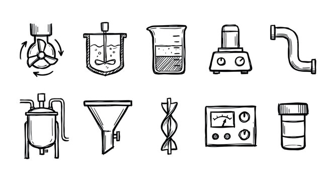Hand-drawn set of chemical engineering icons showing laboratory and industrial equipment like a reactor, beaker, mixer, and funnel in a simple black and white doodle sketch style