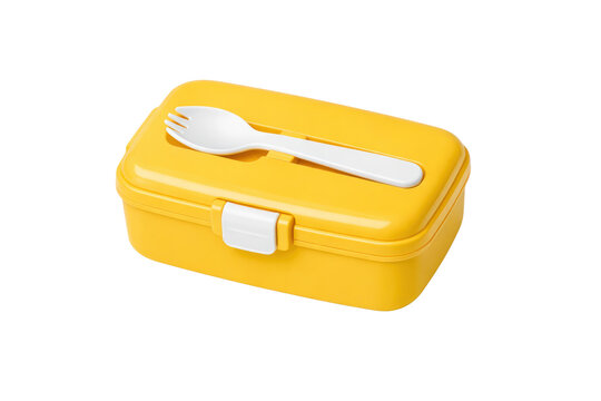 Yellow lunch box with fork and spoon, plastic food container for meal prep, school or office isolated PNG with Transparent Background