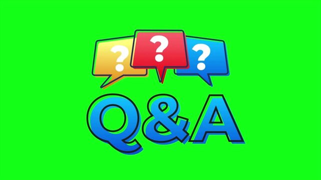 Colorful 4k q and a speech bubbles with question marks on green screen, faq concept, chroma key background, customer support, animated communication