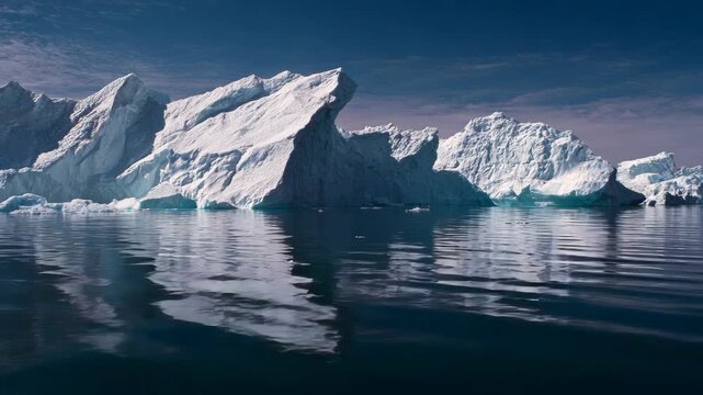 Iceberg looms grand against deep blue sky. Water mirrors its shape with perfect clarity. Calmer seas reflect sky and ice alike. Cold, still atmosphere envelopes the scene