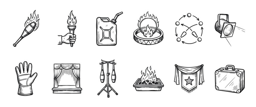 Set of hand-drawn sketch icons featuring circus and fire show equipment for performance, including a flaming torch, juggling clubs, a stage, spotlight, and a ring of fire
