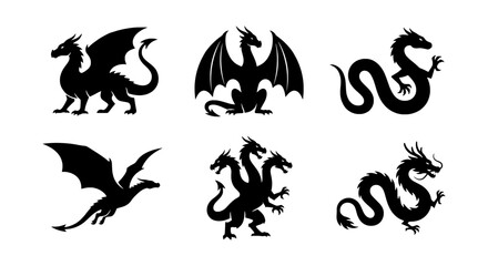 Obraz premium Mythical Dragon Silhouettes, Fantasy Creature Vector Icons, Legendary Beast Graphics