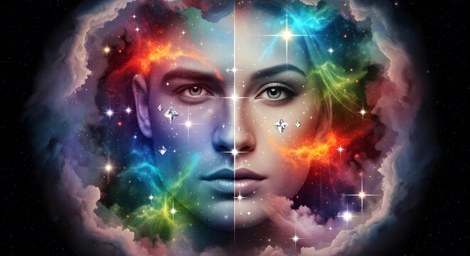 Conceptual Split Portrait of Male and Female Faces Merged with Colorful Cosmic Nebula and Stars