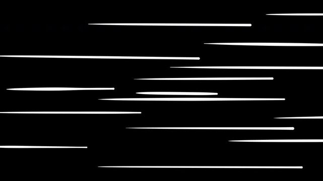 Cartoon dynamic seamless loop horizontal speed lines on black background, fast motion effect for anime and manga animation.