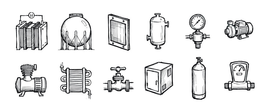 Hand-drawn set of industrial equipment icons including a tank, pump, valve, and compressor in a black and white sketch style for engineering and technical design concepts