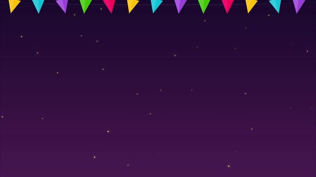 Colorful party bunting flags on dark purple background Happy birthday vibrant flat animation style with floating sparkles motion graphic for festive celebration
