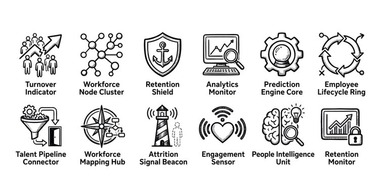 Set of twelve hand-drawn icons representing workforce management concepts like employee turnover, retention, analytics, and talent pipeline in a simple black and white sketch style