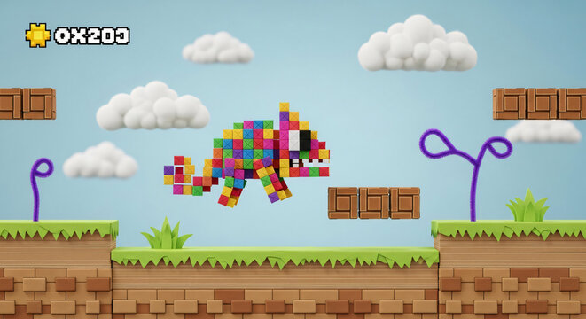 Voxel Chameleon in 3D Platformer Game World