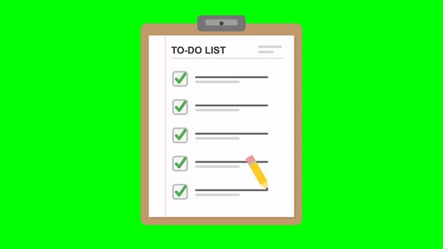 Animated flat vector clipboard to-do list with pencil checking off tasks on green screen