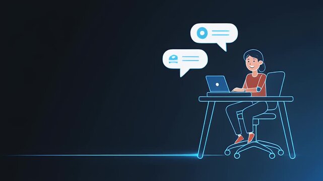 Woman working on laptop at desk with chat bubbles illustration on dark blue background